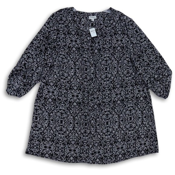 NWT AVENUE BUTTON FRONT SCROLL PRINT ROLL-TAB SLEEVE TUNIC BLACK/WHITE 18/20 - Picture 1 of 7